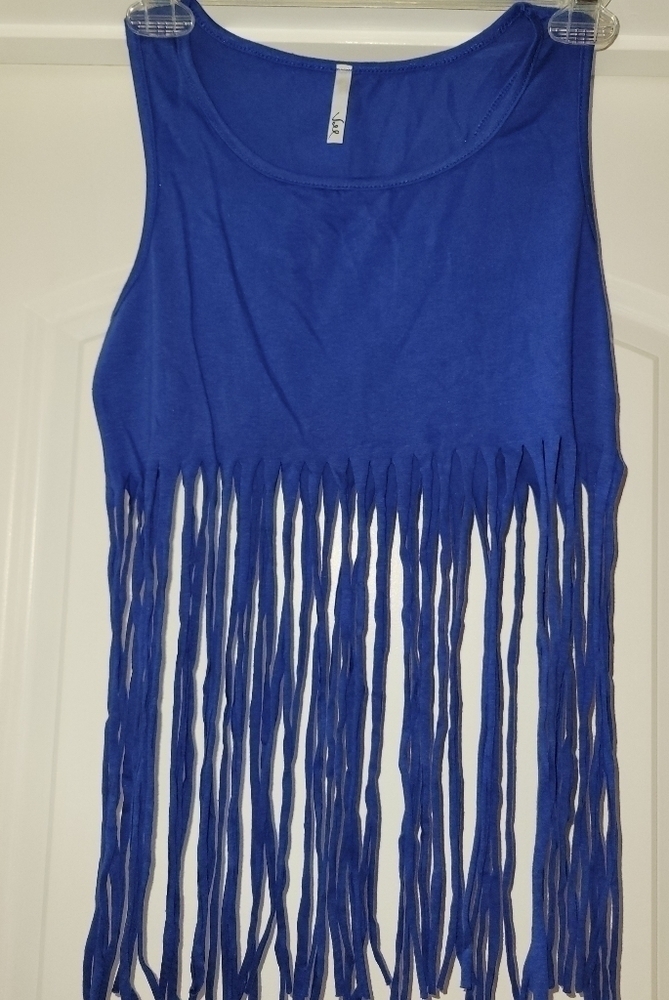 Blue fringe crop tank top
